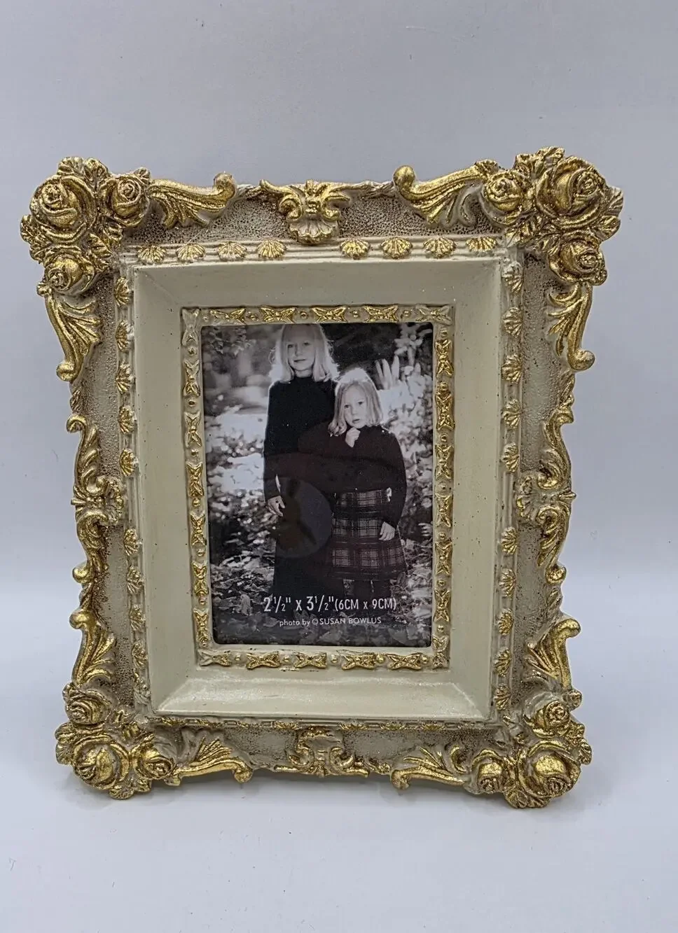 Vintage Ornate Gold Rose Picture Frame Ivory Baroque Floral 2.5 x 3.5 Photo